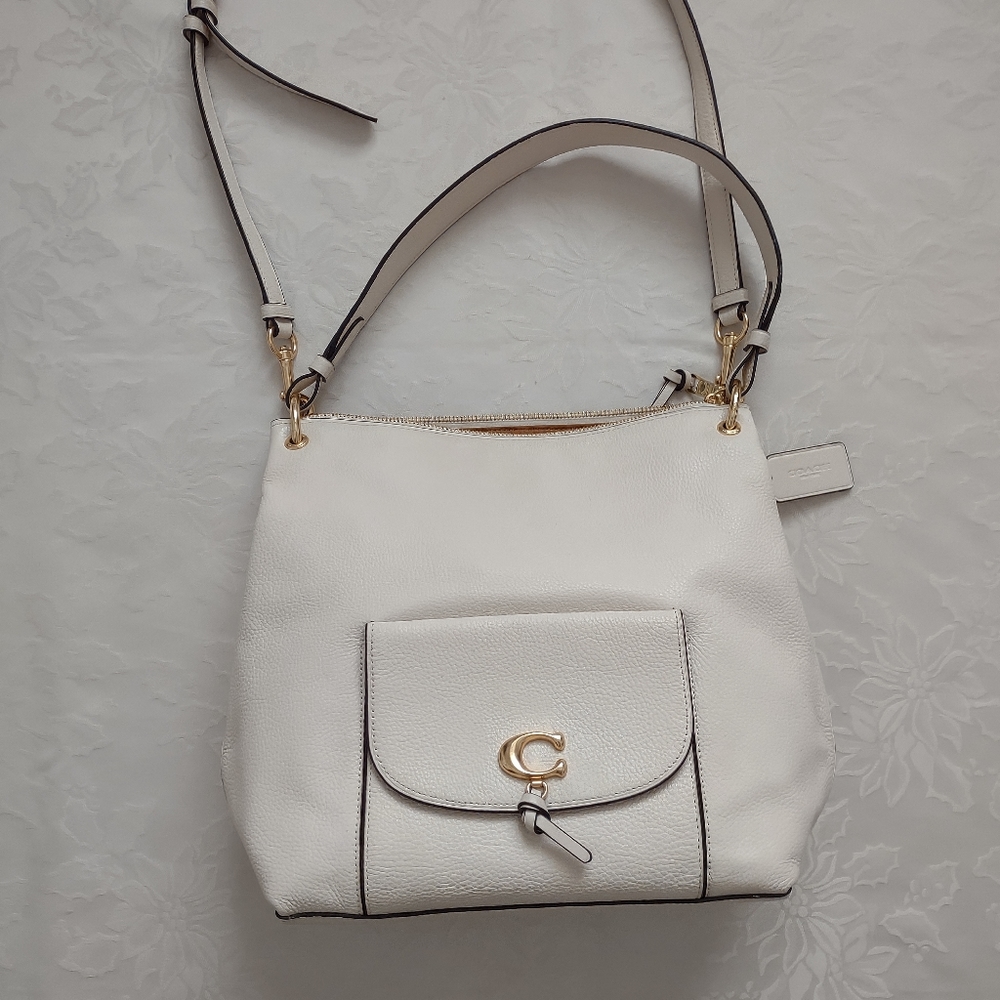 Coach chalk gold Remi refined pebble leather hobo crossbody bag - Picture 1 of 15